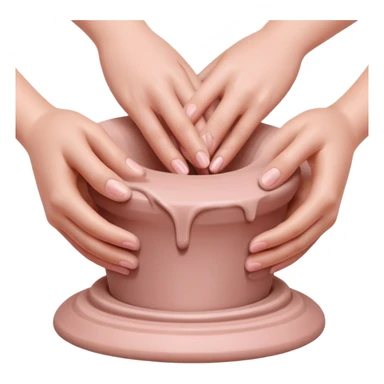 hands performing palm hug gesture on a pink mound of clay on a silver pottery wheel, gently hugging the clay to maintain moisture sticker