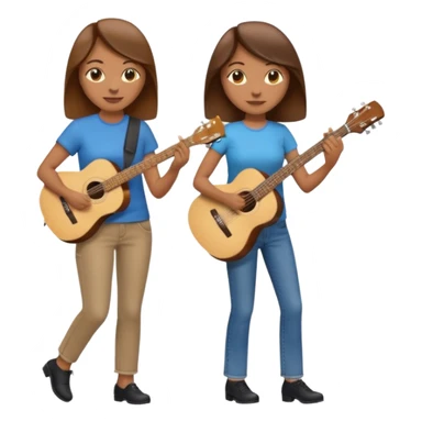 based on emoji style, two people walking together. one is brown-haired woman, wearing business casual, holding a guitar. Another one is a non-binary person, wearing t shirt and jeans, and the second person doesn't have anything on their hands. sticker