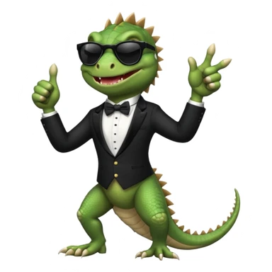 capitalist iguana banker in tuxedo and black sunglasses dancing crazy thumb up sticker