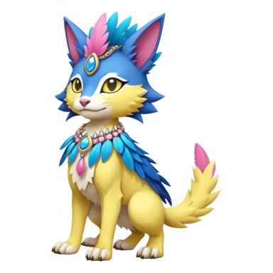 Kawaii cute yellow, blue, pink, exotic tribal beautiful pretty elegant divine edgy feline-vernid-sergal-Fakémon-Pokémon-Digimon-fursona-animal-creature with bracelet, necklace, full body, with intricate detailed markings, feather headdress  sticker