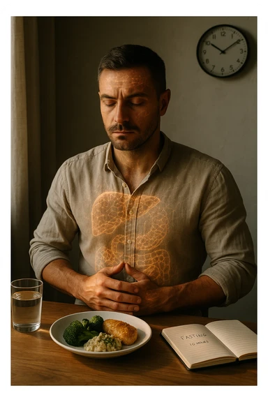 A cinematic close-up of a focused man in his mid-30s with slight beard and tired but determined eyes, sitting alone at a simple wooden table with an untouched plate of food in front of him. His hands are clasped, fingers interlocked in a meditative position over his lower abdomen, symbolizing willpower and internal balance. He wears a lightweight natural fiber shirt, sleeves rolled up. The lighting is soft and natural, early morning light coming from a nearby window. Around him, visual cues of cellular regeneration — faint glowing patterns subtly overlaying his body, especially near the liver, gut, and brain, suggesting autophagy and deep healing. The room is minimalist: a glass of water, a notebook with fasting hours, and a clock in the background ticking calmly. The tone is serene, intentional, and deeply introspective. Shot in 35mm cinematic style, warm highlights and clean shadows. sticker