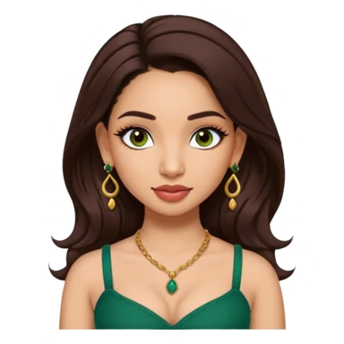 pretty bratz genmoji that looks like tamannah bhatia (bollywood actress), wearing a dark green sweetheart neckline top, dark brown hair, light makeup, no necklace, dangly earrings, side hair part, dark brown eyes, with full tattoos sticker