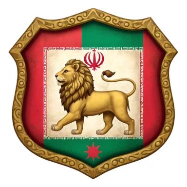 rectangular shield with the flag of Iran, with a lion and a sun sticker