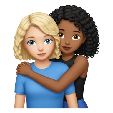 Girl best friends, one white with blond bob and blue eyes, one shorter black girl with long black curly hair, hugging sticker