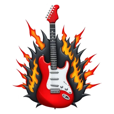 Create a bold and powerful emoji representing rock vocal performance in a humanless collage. The design should feature a vintage microphone at the center, surrounded by a heavy, aggressive hardcore electric guitar with sharp, jagged edges. Include crossed drumsticks behind the guitar, symbolizing the intense rhythm of rock music. Add fiery elements like flames or lightning bolts to enhance the raw energy of the design. Use dark, bold colors like black, red, and silver, with metallic or chrome accents to reflect the rebellious, hard-hitting nature of rock. The background should be transparent. sticker