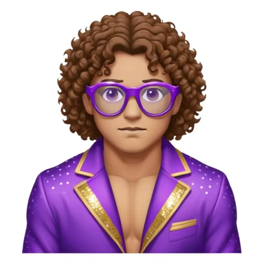 Wrestler with brown curly hair, purple bike glasses, arrogant face, purple open jacket with sequins sticker
