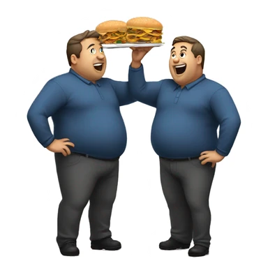 Two fat men throwing food sticker