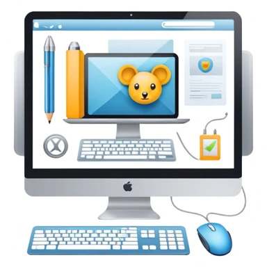 Modern icon for Web Design: computer screen with a website layout, design tools like a mouse and a stilus, web elements such as icons and wireframes. Transparent background. sticker
