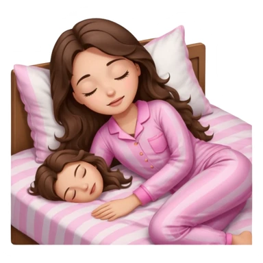 Brunette girl with long wavy brown hair with brown eyes and sleeping on a withe bed with cute pink pjs (just one whirl) and with closed eyes sticker