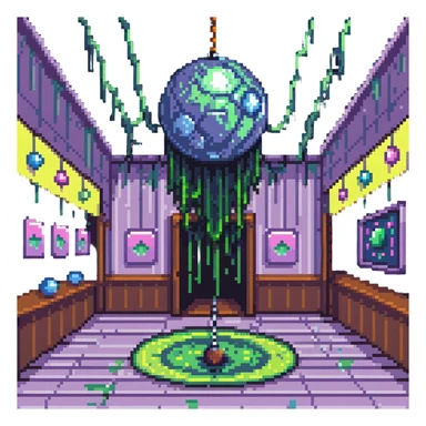a slimy dance hall with goo dripping from the ceiling and a disco ball in pixel art style sticker