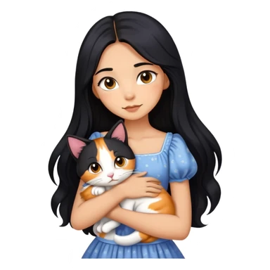 A beautiful girl with long black hair wearing a dress hugs a cat of three colors sticker
