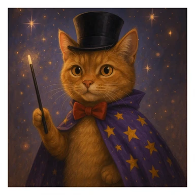 A magician cat in a top hat, a bowtie and a purple cape with stars sticker