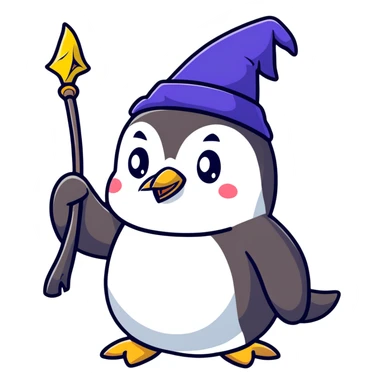 Penguin wizard with magical staff and hat sticker