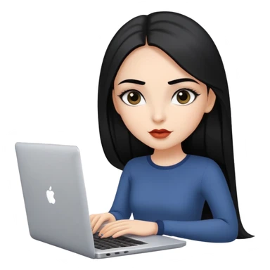 Beautiful girl, with long black hair, straight hair, well-defined eyebrows, big dark eyes, full lips, with a confident expression, with a laptop. sticker