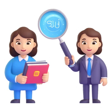 an AI assistant handing a magnifying glass and a book to an employee, with sparkles and speed lines, representing contextual insights, upskilling, and bias mitigation sticker