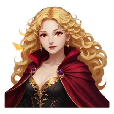 A breathtakingly beautiful female Fae with golden, wavy hair cascading down her back, her amber eyes sparkling with both warmth and untamed power. She wears a fitted black bodice paired with an opulent crimson cloak, the fabric swirling around her like liquid fire. Her lips are curved in a knowing smile, her posture both regal and effortlessly confident sticker