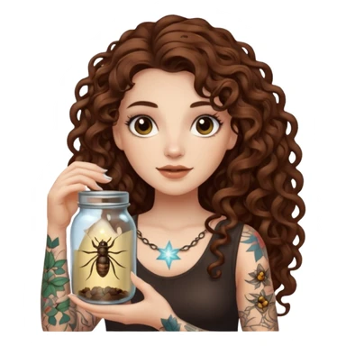 woman with long curly brown hair, brown eyes, white skin, tattoos, holding a jar of captured starlight insects sticker