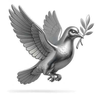 chrome style pigeon flying in profile with a branch in its beak, wings outstretched, highly reflective and metallic sticker