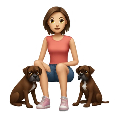 a girl with brown hair, sitting with two dark brown boxer dogs sticker