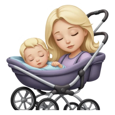Poussette avec un bébé blond qui dort guider par sa maman blonde aux cheveux longs et aux yeux marrons  sticker