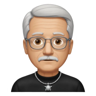 Tony Barceló is a strong, lively man in his 70s with short, neatly combed gray hair and a trimmed goatee. He has a broad face, square glasses, and a confident presence. He wears a black outfit with a silver turtle necklace, reflecting his thoughtful, creative energy as a writer. sticker