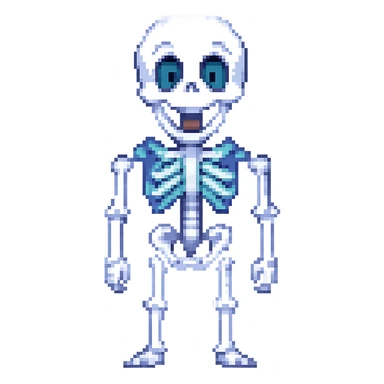 A surprised skeleton in pixel art style, version 2, with a happy expression. sticker