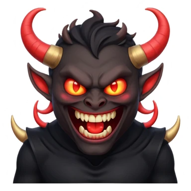 “Scary demon emoji, evil human-like laugh, black clothes, big curved horns, glowing red eyes, upper body visible till chest, dark mood, high detail, emoji style, clean background” sticker