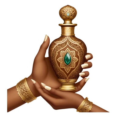 A mesmerizing close-up of henna-adorned hands delicately holding an ornate perfume bottle. The deep, intricate henna patterns beautifully contrast against the soft skin, while the luxurious gold-embellished bottle exudes opulence and tradition. sticker