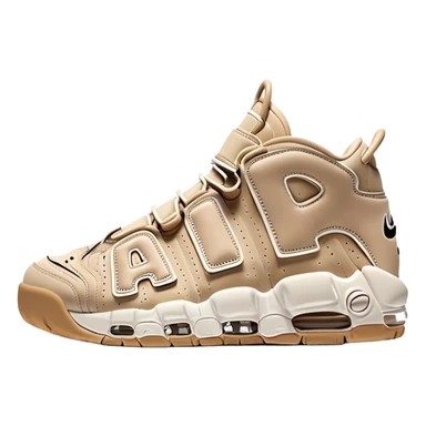 Minimalist beige Nike Air More Uptempo sneakers with one sneaker positioned behind the other, clean simple design with AIR lettering sticker