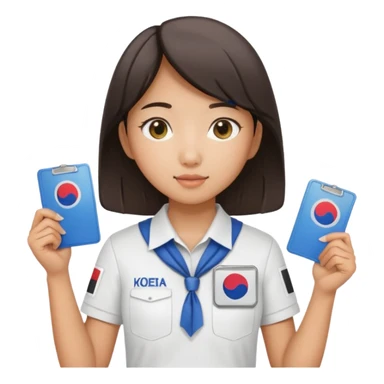 A young Asian guide holding her tour license in both hands, wearing a white shirt with the South Korea badge on her chest. sticker