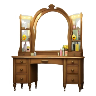 Old fashioned wood vanity with vintage makeup with a old vanity mirror with old lights  sticker