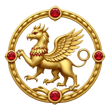 Golden griffin crest / brosch in a circle with red gems and no background sticker