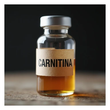 medicinal vial on neutral background, label with the word 'CARNITINA' in block letters, hyperrealistic 4K style sticker