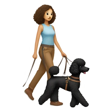3 legs One Small unshaved Black Poodle with brown harness is walking with Korean girl sticker