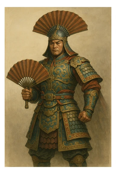 a CNFans warrior, inspired by traditional Chinese armor, with a fan-shaped helmet, standing strong, semi-realistic style sticker