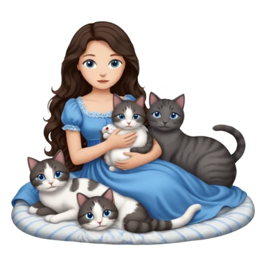 detailed realistic looking a dark grey and white cat regally laying with six other cats, cuddling with their owner in bed who is a pretty bratz lightly tanned white girl with long dark brown hair, blue eyes and gorgeous long wavy hair wearing a pretty detailed dress sticker