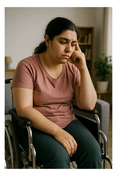 Donna con problemi difficoltà  nella mobilità che si isola a causa della sua PCOS, immagine realistica sticker