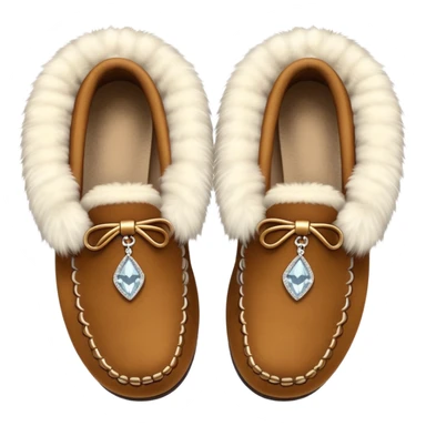 brown moccasins with diamond design and fluffy fur sticker