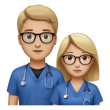 Woman with brown hair and glasses in Scrubbs next to a man with blonde hair and a black shirt sticker