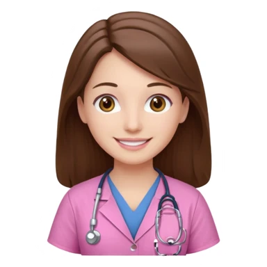 doctor, pink, she, hair brown, eyes brown, scrub baby pink, white skin, long hair, smile  sticker