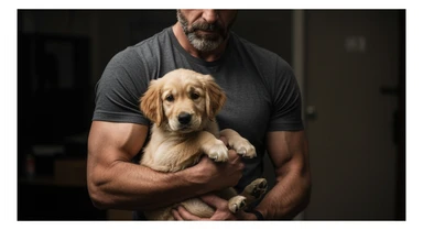 Photo of a musculated man holding puppy golden retriver, low key light sticker