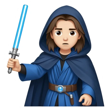 A teenager with long hair that is mad and tired dressed in a cloak with a blue lightsaber sticker