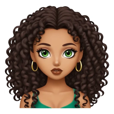 curly long dark brown hair, pretty lips, tan skin,  dark green eyes, pretty bratz baddie, black eyeliner sticker