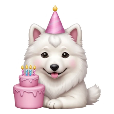 cute samoyed hold a pink birthday cake in both arms with pink birthday hat sticker
