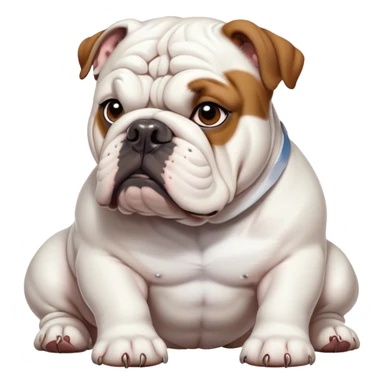 Cinematic Noble White English Bulldog Portrait Emoji, Poised and regal, with a sturdy, muscular build and a pristine, well-groomed pure white coat, deep-set soulful brown eyes, Simplified yet sharp and sophisticated features, highly detailed, glowing with a soft, dignified glow, high shine, intelligent and resolute, stylized with an air of authority, focused and attentive, soft glowing outline, capturing the essence of a watchful and confident guardian, so majestic it feels as though it could lumber out of the screen with effortless authority! sticker