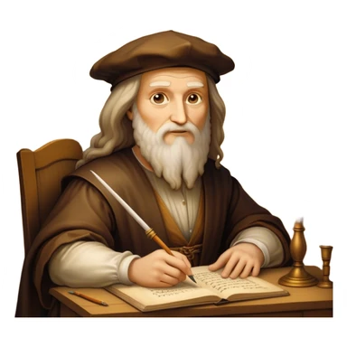 Cinematic Realistic Leonardo da Vinci Portrait Emoji, depicted as the quintessential Renaissance polymath with deep, thoughtful eyes, a flowing beard, and a quill or sketchbook in hand. The scene is illuminated with warm, classical lighting, evoking the atmosphere of a master artist’s workshop, surrounded by early sketches of inventions and masterpieces like the Mona Lisa. sticker