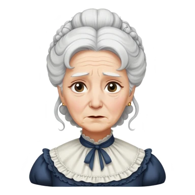 An older Victorian woman with coiffed white hair wearing a modest dress with tears streaming down her face sticker