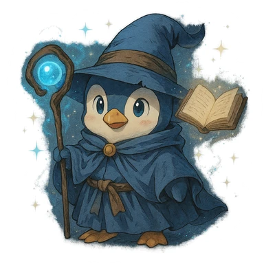 Enhance the anime style penguin wizard to appear more magical by adding glowing effects, sparkles, and a floating spellbook around it. Keep the background transparent to highlight the magical elements. sticker