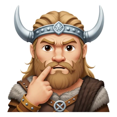 surprised viking face with furrowed eyebrows looking upwards with thumb and index finger resting on its chin. sticker