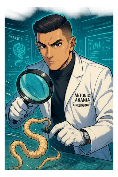 A dynamic manga/webtoon-style illustration of a young male kinesiologist wearing a clean white lab coat, analyzing light beige worms like a tapeworm under a magnifying glass. His expression is focused and slightly intrigued, with sharp, detailed eyes. The art style is vibrant, with bold linework, rich colors, and dramatic lighting. The background is a futuristic laboratory with glowing holographic screens displaying parasite data. The tapeworm is intricately drawn, slimy and segmented, with a slightly exaggerated yet realistic texture. The composition is dynamic, with motion lines or energy effects to emphasize his scientific investigation. The atmosphere is intense but not dark, keeping a balance between scientific seriousness and stylish manga aesthetics, he has "ANTONIO ANANIA" WRITTEN ON WHITE LAB COAT sticker